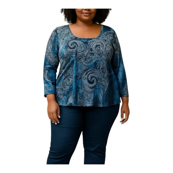 One World Women’s Long Sleeve Top Size Large Square Neck Navy Stretch NWT - Picture 1 of 9